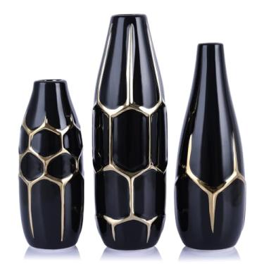 Imagem de Conjunto de 3 vasos de cerâmica quadriculados - vaso listrado preto e dourado, vasos de flores modernos dourados para sala de estar, centros de mesa elegantes, vaso de ouro preto para mesa, cozinha