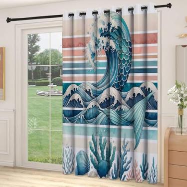 Imagem de Divisória de parede de cortina de divisória de sala costeira, arte náutica abstrata, listras, ondas, cauda de sereia com escamas, conchas de corais, para quarto, jardim de infância, sala de estar, L