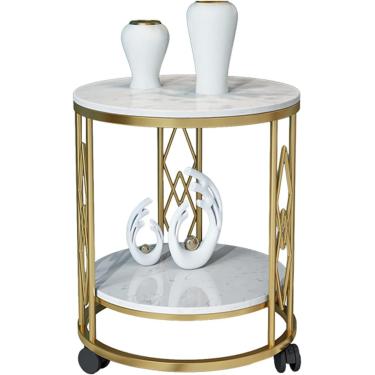 Imagem de Mesa De Centro Redonda Mesa De Centro De Mármore Para Casa, Mesa Lateral Redonda De Metal De Camada Dupla Sala De Estar Quarto Sofá De Hotel Mesa Lateral Rack De Armazenamento De, A, 40x60cm