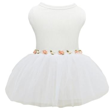 Imagem de CuteBone Vestido de dama de honra de casamento com saia de tule branco para cachorrinho com acabamento de renda na cintura - confortável, elegante e perfeito para ocasiões especiais HBQ05L