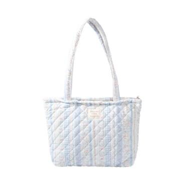 Imagem de MSGHER Sacola acolchoada floral com zíper, leve, reutilizável para mulheres, bolsa de ombro de algodão para viagens, compras, uso diário, Coelho azul claro, Medium