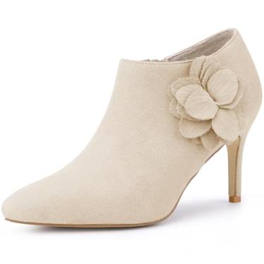 Imagem de Perphy Botas femininas de salto agulha com bico fino e flor, Bege, 35