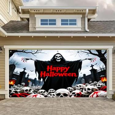 Imagem de HOMETITUTE Grande capa de porta de garagem de Halloween 4 x 1,8 m bandeira sangrenta assustadora impressão de mão pôster sombrio para decorações externas tema de terror cenário assustador para festa