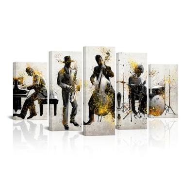 Imagem de Canvbay Arte de parede em tela de músico de jazz abstrato, preto e dourado, pintura com saxofone, violoncelo, piano, tambor, música, pintura para casa, homens, quarto, sala de aula, decoração