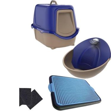 Imagem de Kit Caixa de Areia Fechada Para Gatos + Fonte Automática Para Gatos Petit + Tapete Coletor de Areia (NEW + TAPETE + FONTE 110V AZUL)