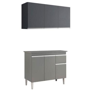 Imagem de Balcão De Cozinha Tatiane Com Tampo 100cm E Armário Aéreo Andréia 3 Portas Cinza Fosco - Ajl