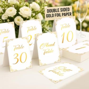 Imagem de Números de mesa de casamento dourados 1-30 - Cartões de mesa de alumínio dupla face 10 x 15 centímetros com cabeça números de mesa de casamento de ouro 1-30 - Cartões de mesa de folha dupla face 10 x