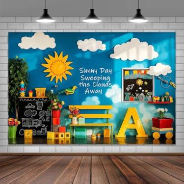 Imagem de Pano de fundo para sala de aula do jardim de infância, livros de lápis ABC de volta às aulas giz de cera nuvens de sol azul fundo de fotografia para quarto infantil, primeiro dia de aula, adereços de