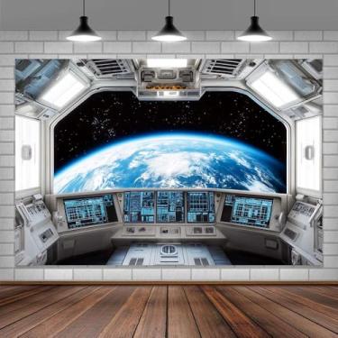 Imagem de Cenário interior de nave espacial, ficção científica futurista, fundo fotográfico de estação espacial sideral, cabine espacial, astronomia, planeta, decoração de festa de aniversário, adereços para