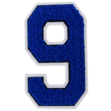 Imagem de 1 peça de patch de número de chenille azul de 10 cm, remendos de ferro para chapéus, bolsas, mochilas, jeans, jaquetas, par com adesivos iniciais, letras grandes universitárias. (Azul 9)
