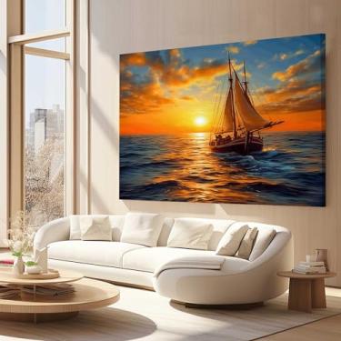 Imagem de Quadros Decorativos para Quarto Sala 90x60 Arte Pintural Barco Por do Sol Grande Escritório Hall
