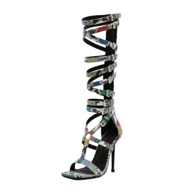 Imagem de STUPMARY Sandália feminina peep toe com recortes cruzados com cadarço e salto alto gladiador com zíper acima do joelho bota verão, Estampa de cobra colorida, 36