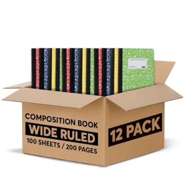 Imagem de Caderno pautado largo, cadernos de composição, livro de composição pautado largo, papel de caderno de réguas largas - 22,5 x 19,8 cm - 100 folhas (200 páginas) - encadernação costurada, capa de mármore durável, cores sortidas - (pacote com 12)