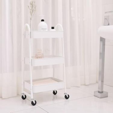 Imagem de Carrinho Organizador Multiuso de Metal com 3 Andares e Rodinhas – Prateleira Portátil para Quarto, Sala, Cozinha, Banheiro e Escritório (Branco)