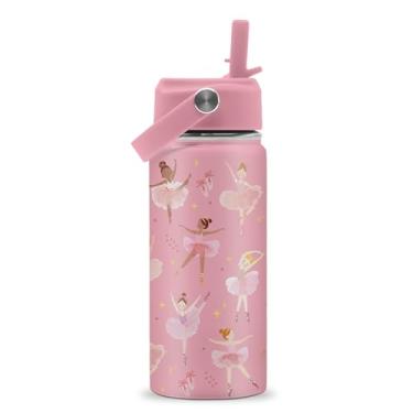Imagem de ROVOZAR Garrafa de água de balé para meninas - Dance 473 ml garrafa de água de aço inoxidável com canudo - copo com isolamento térmico para dançarina fofa - copo infantil rosa bailarina para escola