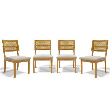 Imagem de Kit Com 4 Cadeiras Aline Madeira Maciça Assentos Estofados Encostos De Tela Palha Sextavada Veludo Bege 102