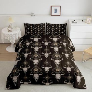 Imagem de meiyoeat Conjunto de edredom de caveira de vaca ocidental para todas as estações, boêmio, asteca, com 2 fronhas, caveira, microfibra longa, roupa de cama queen, decoração de quarto do Velho Oeste