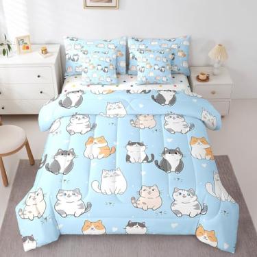 Imagem de Erosebridal Conjunto de edredom solteiro de gato engraçado, 7 peças, para meninas, crianças, animais fofos, estampa de gatinho, cama em uma bolsa, azul
