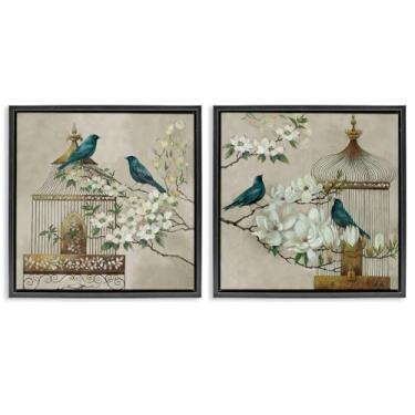 Imagem de Stupell Industries Conjunto de tela flutuante com moldura preta Spring Bluebirds Menagerie 2 peças por Elaine Vollherbst, 25 x 25
