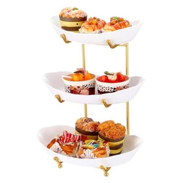 Imagem de AojSup Tigela de frutas para balcão de cozinha, tigelas de cerâmica de 3 camadas com suporte de metal, cesta de frutas em camadas para frutas, vegetais, lanches, nozes, bolo, sobremesa em festa