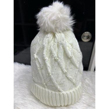 Imagem de Touca de Inverno com Pelúcia Feminina com Pompom e Perolas Touca Quent