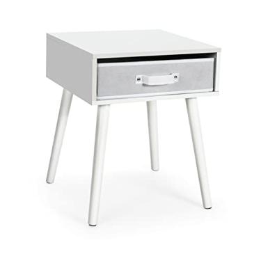 Imagem de Mesa de cabeceira, 1 peça, mesa de cabeceira branca rústica de meados do século, mesa de cabeceira com detalhes em tecido, mesa lateral