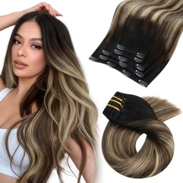 Imagem de Moresoo Clip In Hair Extensions Balayage Humano Real Preto A Castanho Escuro Com Loiro Caramelo 5 Peças 80G 18 Polegadas Remy Liso Renda Invisível Trama Dupla