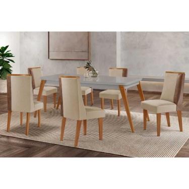 Imagem de Mesa Cozinha Havana c/ Tampo Madeirado c/ Vidro Canto Curvo 180x90cm e 6 Cadeiras Tilia Madeira Maciça Naturale/Off White - Capuccino/Suede Creme-Rufa