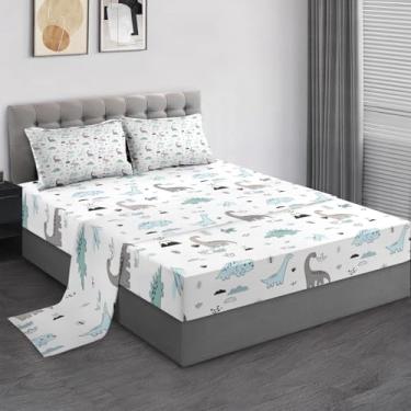 Imagem de Pamnest Jogo de lençol casal com desenho de dinossauro, 4 peças, para decoração de quarto de crianças e adultos, lençol com elástico e 2 fronhas