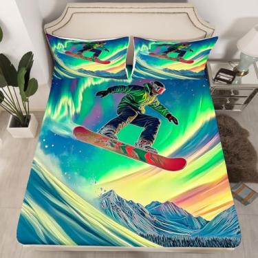 Imagem de Erosebridal Jogo de cama casal com tema de esqui de inverno Aurora para crianças e adultos, esquiador de snowboard, cenário de montanha na neve, com 2 fronhas, decoração de quarto (sem lençol de cima)