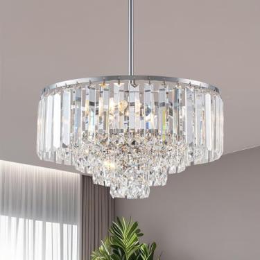 Imagem de Alynzee Lustre de níquel escovado, lustres de cristal K9 de 5 camadas para sala de jantar, 3 luzes redondas modernas cromadas pendentes de cristal francês luminárias para cozinha, ilha, quarto, sala