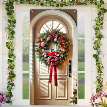 Imagem de BlissYard Capa para porta de Feliz Natal, 89 x 188 cm, banners de porta de varanda para decoração de inverno vermelho caminhão agrícola com guirlanda verde, laço xadrez de pinhas para fundo de