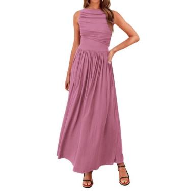 Imagem de Vestido maxi BTFBM feminino 2025, verão, franzido, gola de barco, rosa