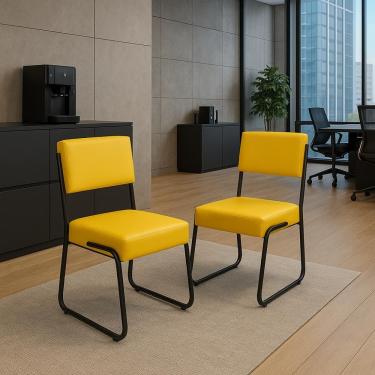 Imagem de Kit 2 Cadeiras Decorativa Sala De Estar Cozinha Jantar Flórida Couro Sintético Amarelo Tubo Preto
