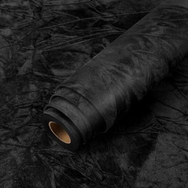 Imagem de LaCheery Papel de parede texturizado de veludo preto 398.8 cm x 61.0 cm papel de parede de tecido preto removível papel de veludo de feltro para artesanato papel de contato autoadesivo para gavetas