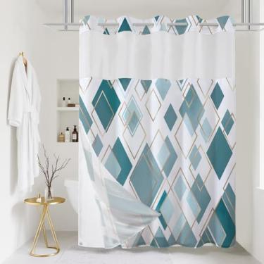 Imagem de TWLSNCD Cortina de chuveiro geométrica extralonga sem gancho com forro de tecido de encaixe - estilo hotel azul-petróleo, design abstrato moderno para decoração de banheiro 180 x 213 cm