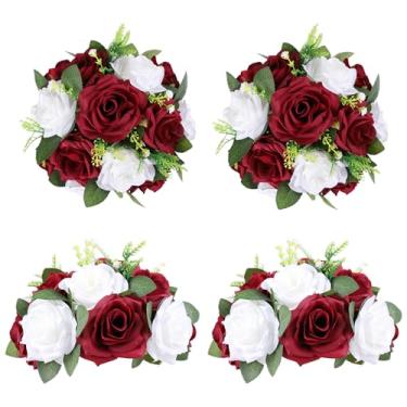 Imagem de LVEFIT Bolas de flores para centro de mesa de casamento – 4 peças de 24 cm de diâmetro com buquê de flores artificiais para mesas de casamento (4, vinho branco, rosa)