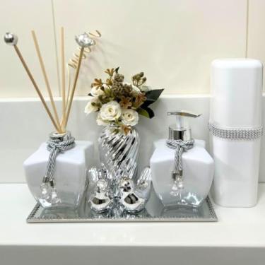 Imagem de Kit Lavabo + Bandeja + Aromatizador + Saboneteira+ Enfeite Porcelana + Vaso Decorativo + Porta Escova de Dente + Kit Varetas Difusoras Combo para Banheiro KAR57 Coleção Grécia2