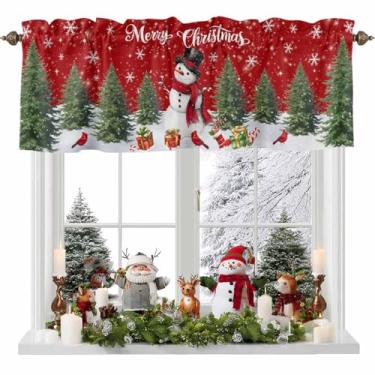 Imagem de Cortina de sanefa de boneco de neve de Natal para janelas, árvore de Natal, verde, floco de neve, estrelas, fundo vermelho, sanefa, bolso para varão, tratamento de janela, cortinas curtas para cozinha