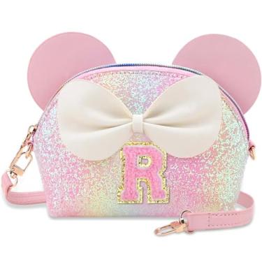 Imagem de Kejea Bolsa infantil para presentes infantis - Carteira de princesa, bolsa tiracolo com flores de pérolas, bolsas de ombro fofas com inicial, Glitter Rainbow