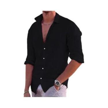 Imagem de Camisa Masculina De Manga Comprida Verão Praia Cor Pura Colarinho Ao A