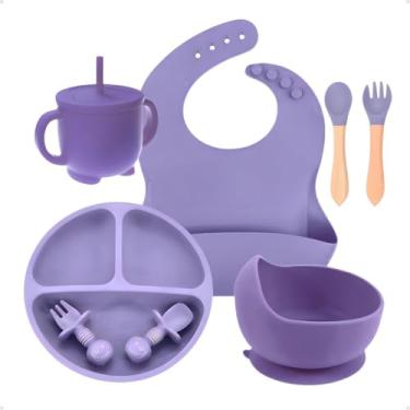 Imagem de Kit Refeição Bebê Silicone 08 Peças Introdução Alimentar BLW Seguro Livre BPA Ventosas Prato Talher Copo Antiderrapante (Rosa e cinza)