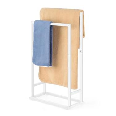 Imagem de Toalheiro autônomo para banheiro 2 níveis suporte de toalha de mão de metal suporte de toalha barra toalha rack de secagem chão para lavanderia de quarto, branco