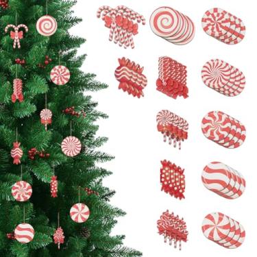 Imagem de FREEBLOSS 48 peças de enfeites de doces de árvore de Natal, 12 estilos, enfeites de bengala doce com barbante de madeira para pendurar no Natal