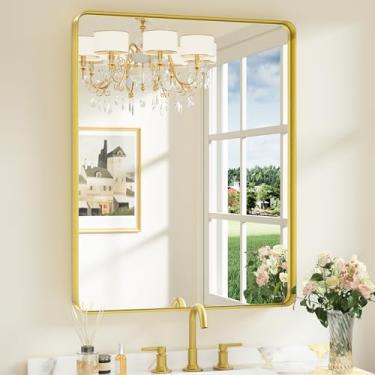 Imagem de Keonjinn Espelhos de banheiro dourados para pia, espelho retangular arredondado dourado escovado de 71 cm x 91 cm, espelho de latão antiferrugem com vidro temperado HD, espelhos decorativos de fazenda