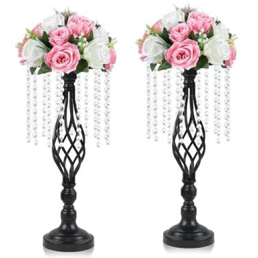 Imagem de kehail 2 peças de suporte de flores com pingente de cristal de metal preto, vaso alto de casamento de 48 cm, oco de metal para casamento, banquete, evento, aniversário, celebração, decoração