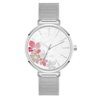 Imagem de Nine West Relógio feminino com pulseira de malha com mostrador floral, Prata