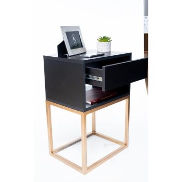 Imagem de Kit 2 Mesas Cabeceira Industrial Preto Eco 30Cm Base Dourada