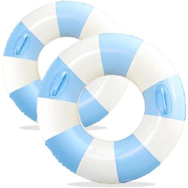 Imagem de Conjunto de 2 boias infláveis de piscina para adultos de 76 cm e 109 cm - boias listradas, tubos de piscina, anéis de natação com alças, boia inflável para piscina, festa, lago praia, adultos (azul