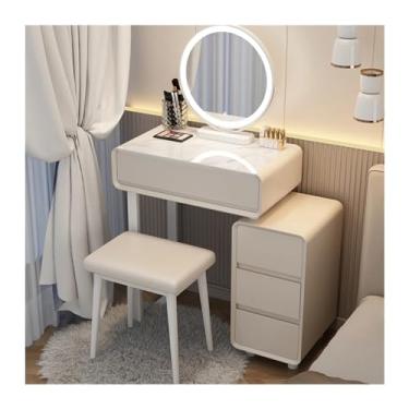 Imagem de Escrivaninha de penteadeira Mesa de maquiagem com espelho luz, 4 gavetas, mesa moderna para meninas e mulheres armário armazenamento, conjunto penteadeira para quarto, cinza/branco(Branco)